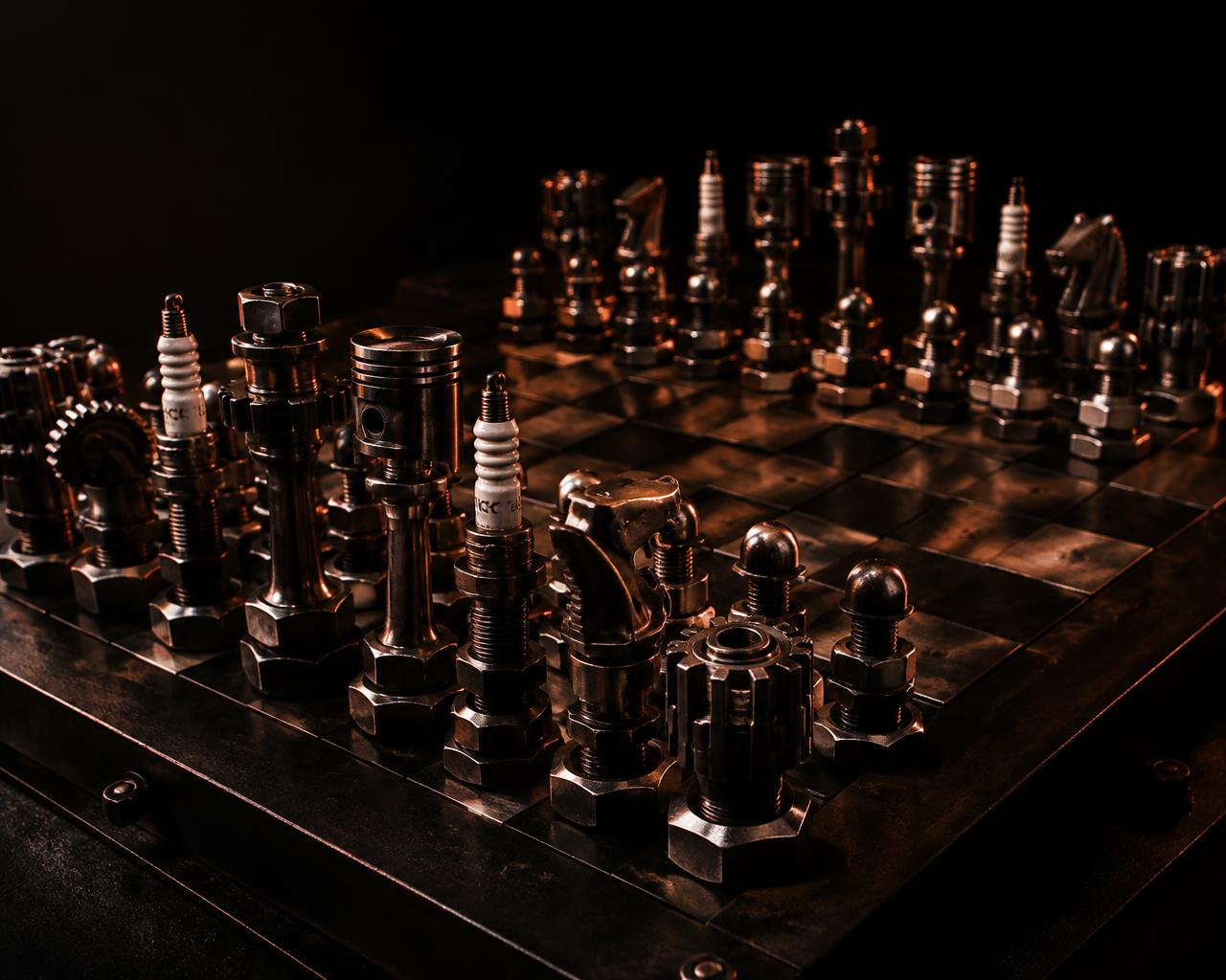 Chess set with pieces made from mechanical components