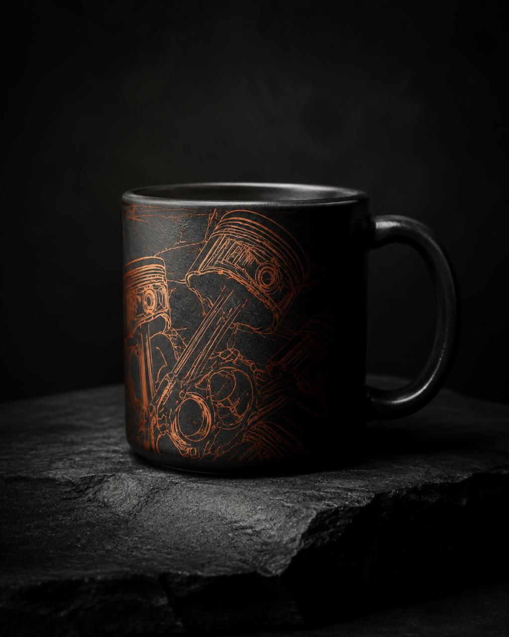 Engine-design mug built around piston forms