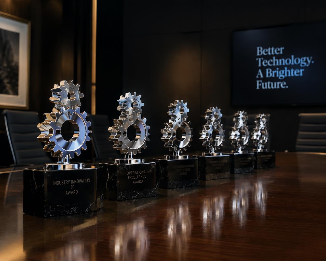A row of chrome gear awards on black marble bases in a boardroom