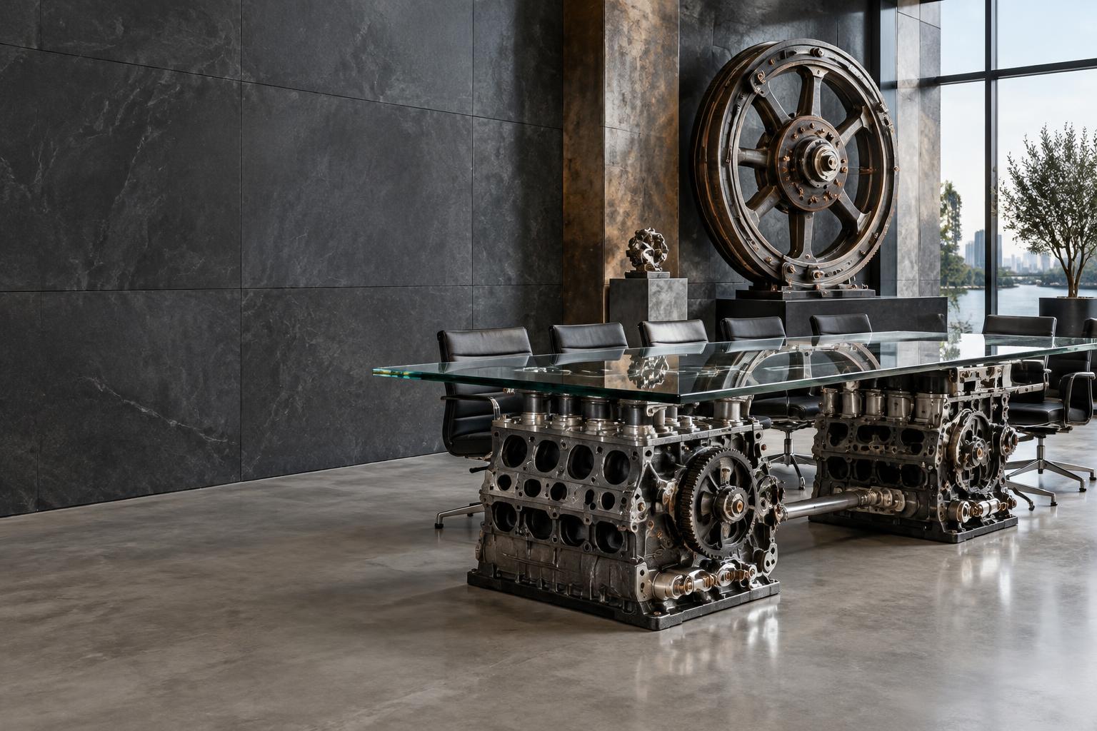 Concept: reclaimed engine blocks supporting a glass boardroom table