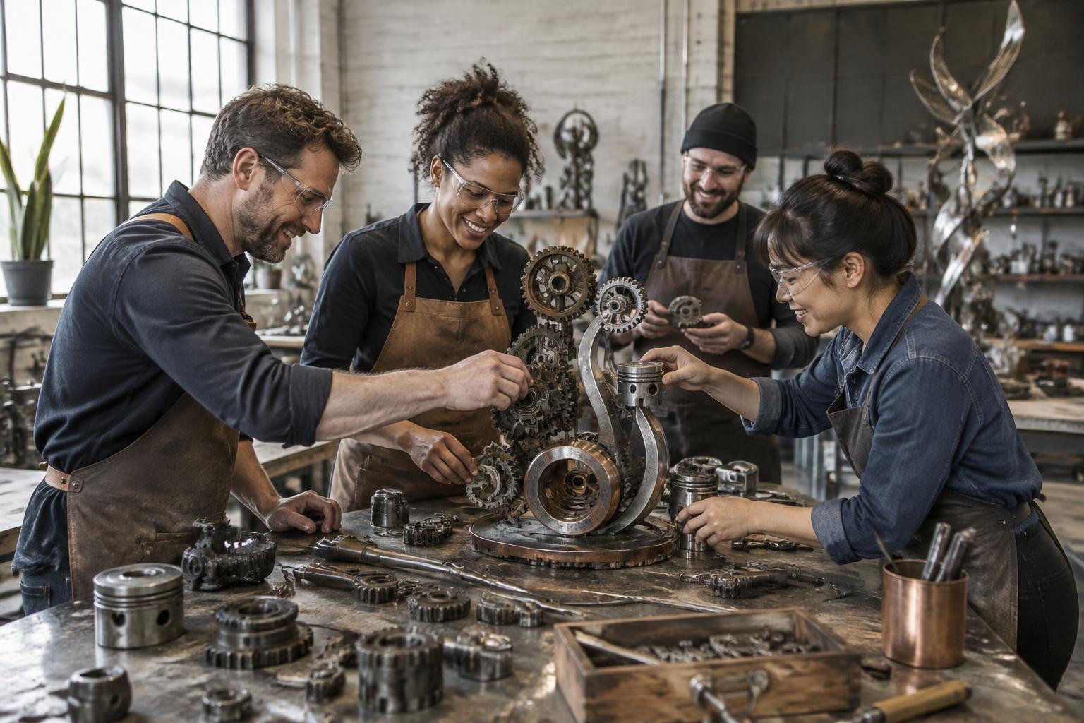 Illustrative workshop concept: a team creating art with reclaimed mechanical parts