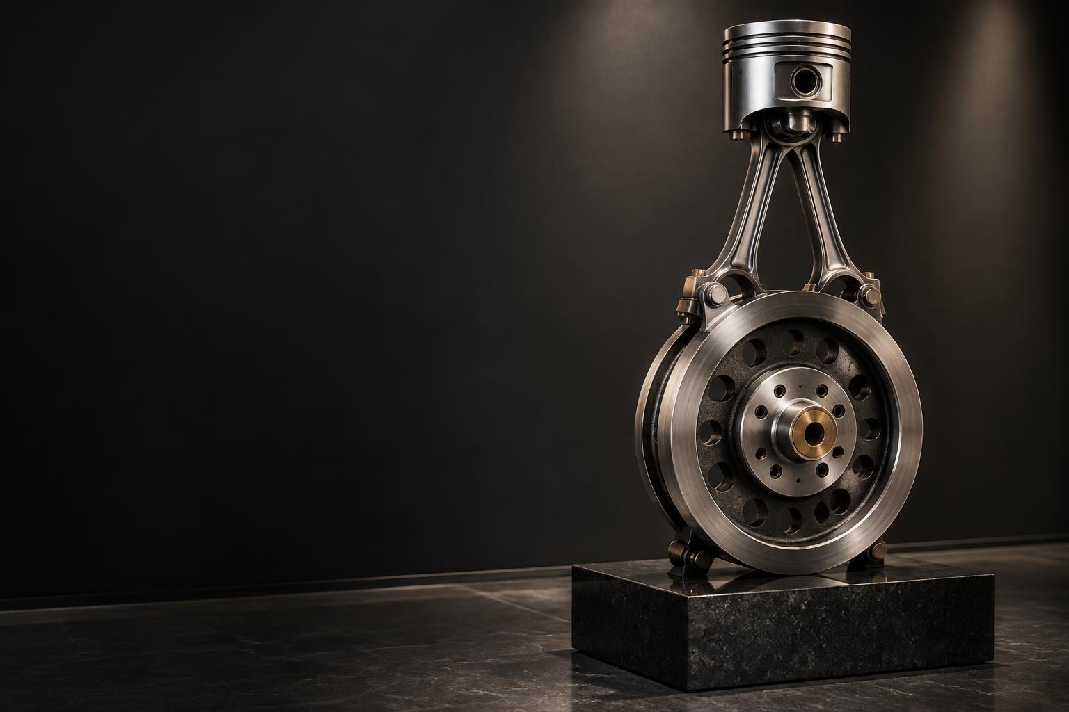 Illustrative piston and flywheel sculpture on a gallery plinth
