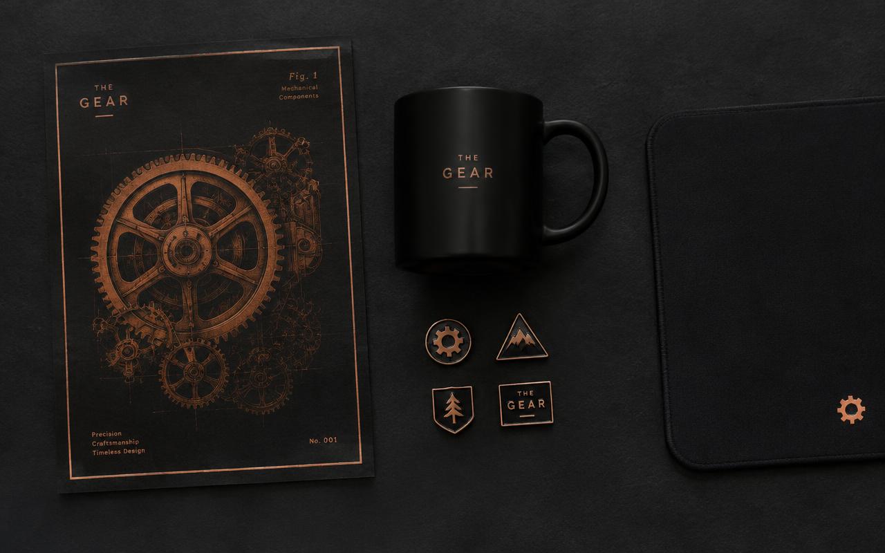Concept merchandise: art poster, black mug, mousepad and enamel badges