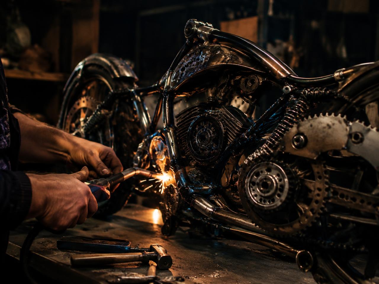 A maker's hands torch-working a sculpture built from motorcycle parts